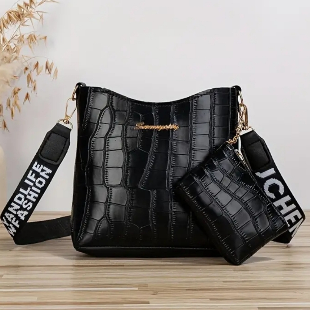 Chic Croc-Embossed Mini Crossbody Vegan Leather Bag Set